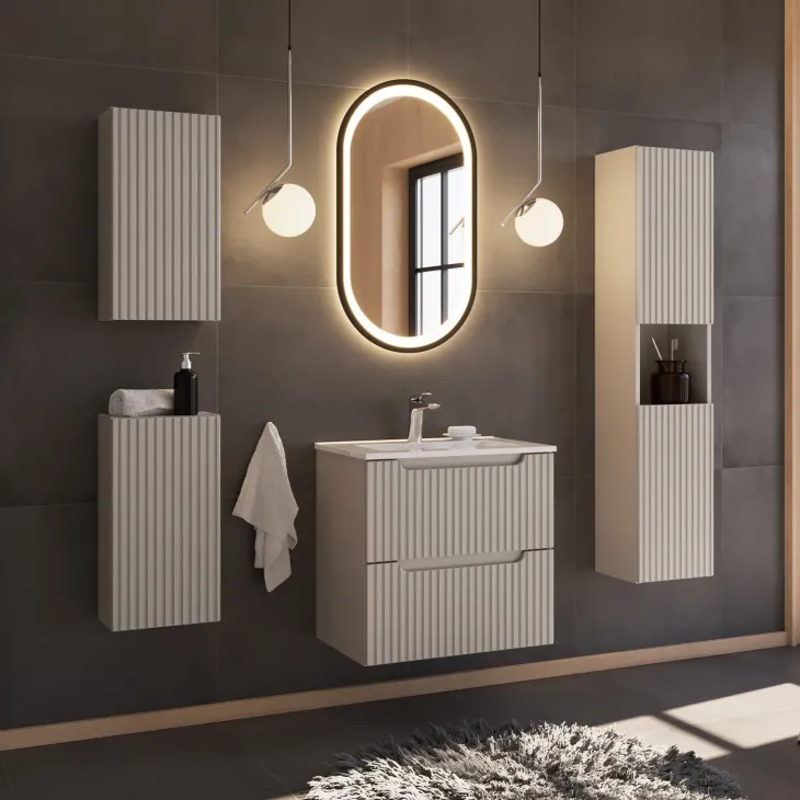 Mobile bagno sospeso 60cm cannettato con lavabo 2 cassetti beige Cleany