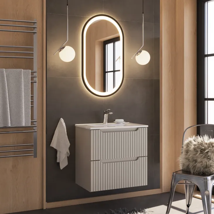 Mobile bagno sospeso 60cm cannettato con lavabo 2 cassetti beige Cleany