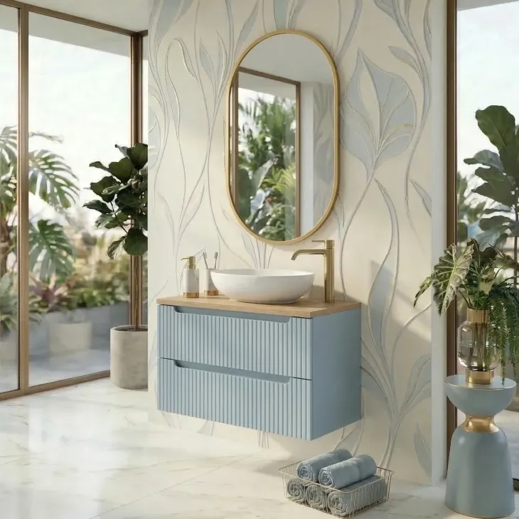 Mobile bagno sospeso 60cm cannettato 2 cassetti azzurro rovere Celestiale