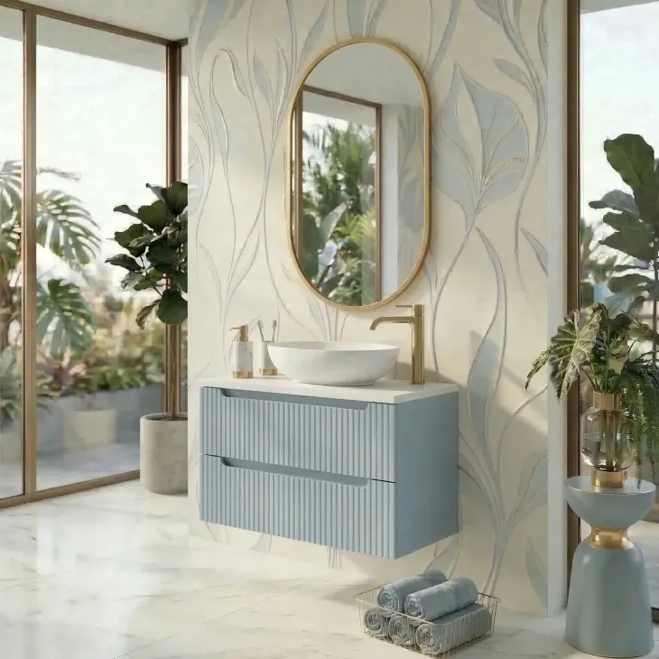 Mobile bagno sospeso 60cm cannettato 2 cassetti azzurro bianco Celestiale