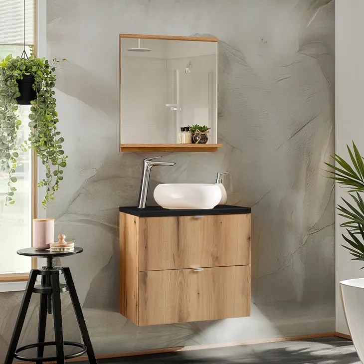 Mobile bagno sospeso 60cm 2 cassetti rovere nero Rovery