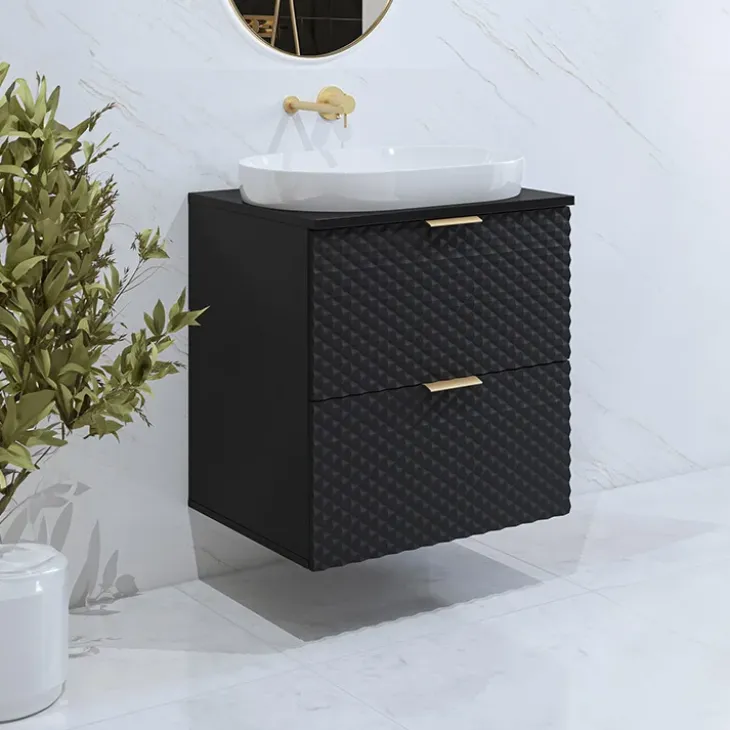 Mobile bagno sospeso 61cm 2 cassetti nero frontali decorati Konny