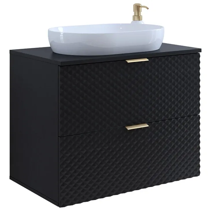 Mobile bagno sospeso 81cm 2 cassetti nero frontali decorati Konny