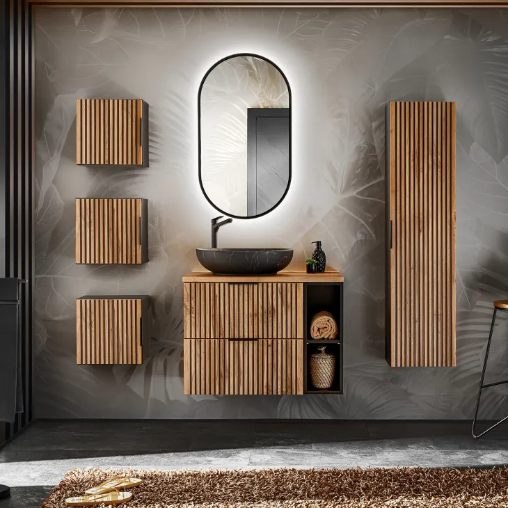 Mobile bagno sospeso 80 cm 2 cassetti 2 vani quercia antracite Limpid