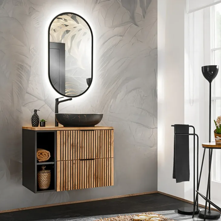 Mobile bagno sospeso 80 cm 2 cassetti 2 vani quercia antracite Limpid