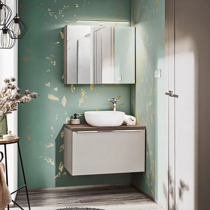 Mobile bagno sospeso 80cm 1 cassettone e 1 cassetto attrezzato grigio quercia Serif