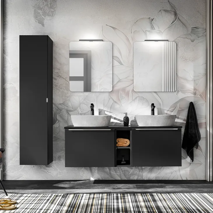 Mobile bagno sospeso 140cm 2 cassettoni e 2 cassetti attrezzati e 2 vani nero Serif