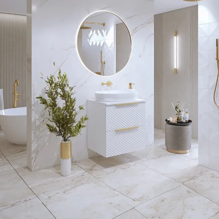 Mobile bagno sospeso 61cm 2 cassetti bianco frontali decorati Konny