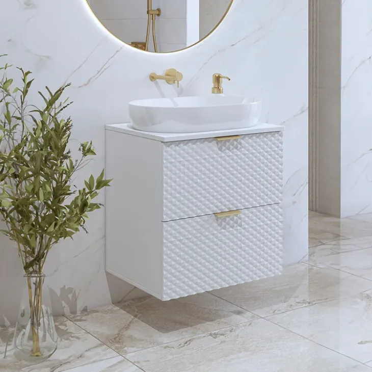Mobile bagno sospeso 61cm 2 cassetti bianco frontali decorati Konny