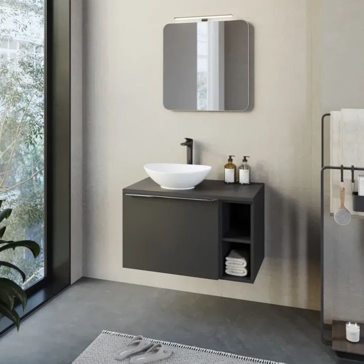 Mobile bagno sospeso 80cm 1 cassettone e 1 cassetto attrezzato e 2 vani nero Serif
