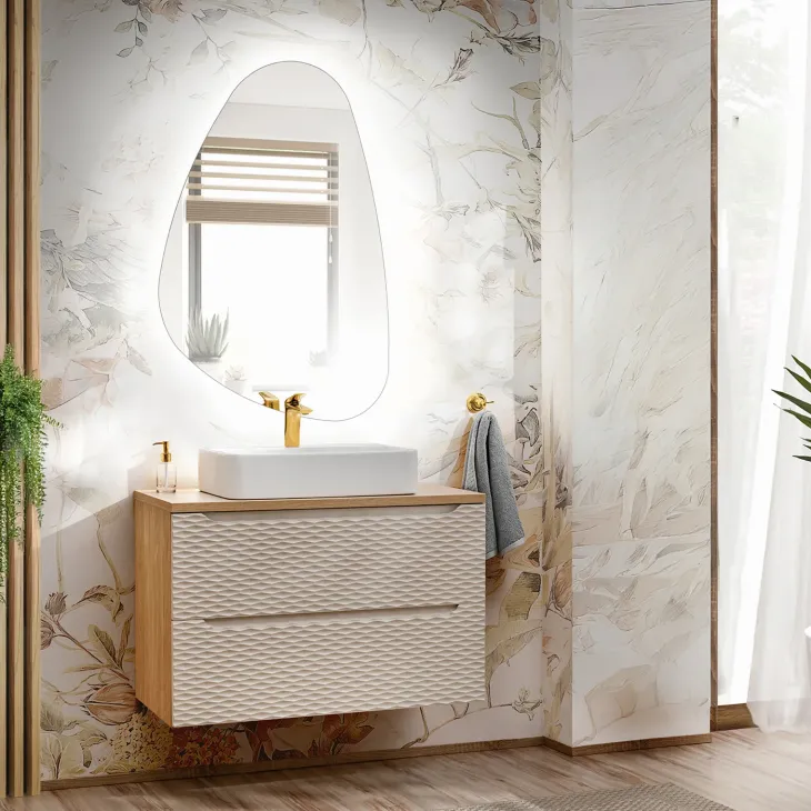 Mobile bagno sospeso 80cm 2 cassetti beige rovere Swim