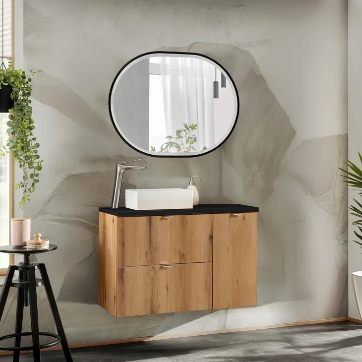 Mobile bagno sospeso 90cm 2 cassetti 1 anta rovere nero Rovery