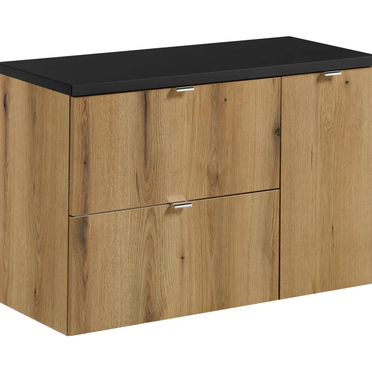 Mobile bagno sospeso 90cm 2 cassetti 1 anta rovere nero Rovery