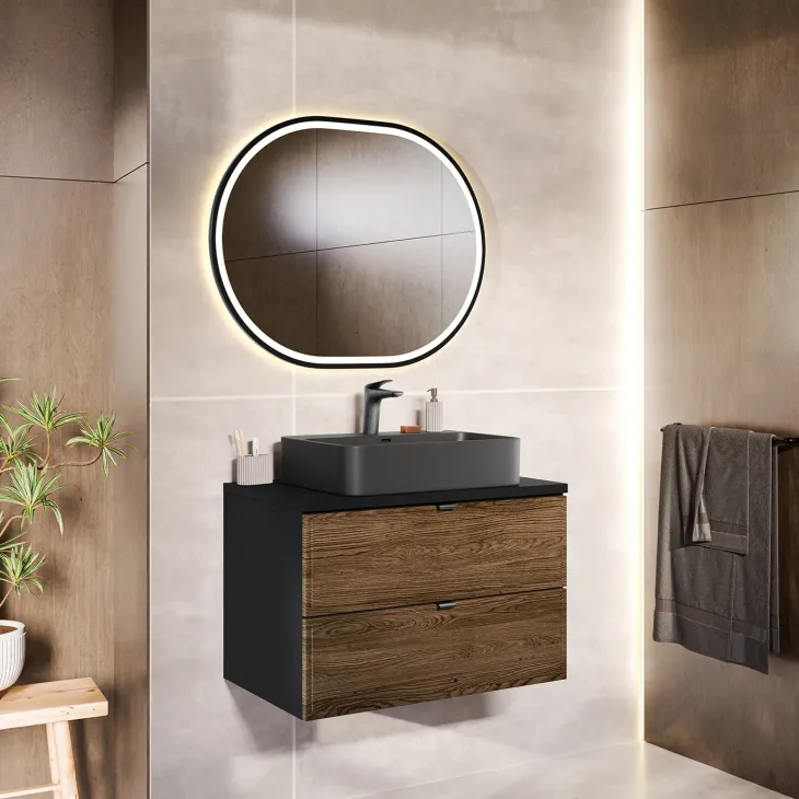 Mobile bagno sospeso 80cm 2 cassetti noce Walnuts