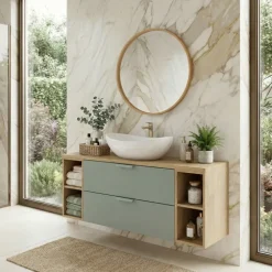 Mobile bagno sospeso 120cm 2 cassetti e vani verde salvia rovere Speranza