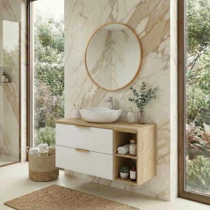 Mobile bagno sospeso 80cm 2 cassetti e vani bianco rovere Speranza