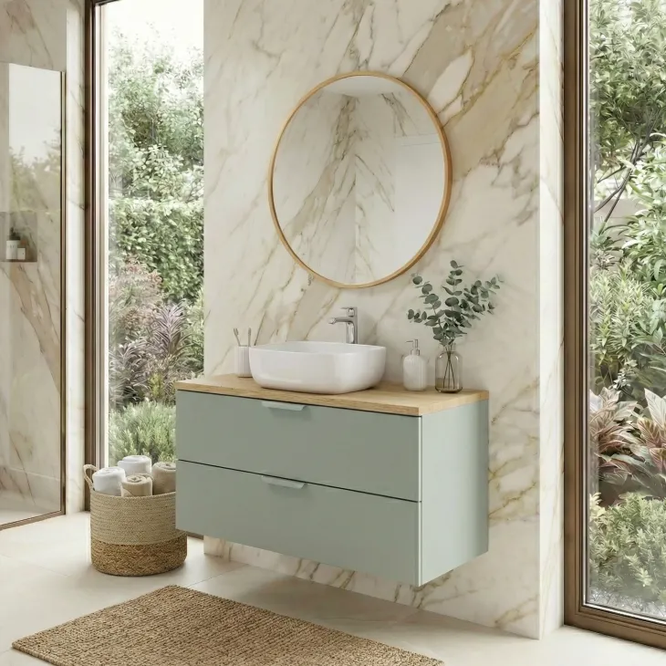 Mobile bagno sospeso 80cm 2 cassetti verde salvia rovere Speranza