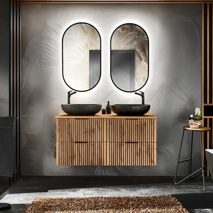 Mobile bagno sospeso 120cm 4 cassetti cannettato quercia antracite Limpid