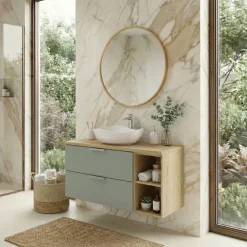 Mobile bagno sospeso 80cm 2 cassetti e vani verde salvia rovere Speranza