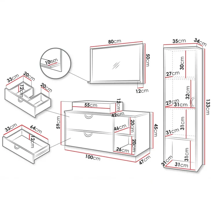 Mobile bagno sospeso 100 cm 2 cassetti con specchio e colonna nero Mirea