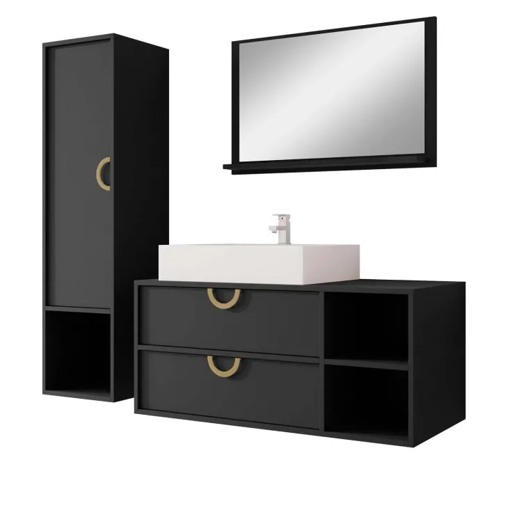 Mobile bagno sospeso 100 cm 2 cassetti con specchio e colonna nero Mirea