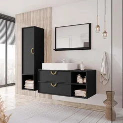 Mobile bagno sospeso 100 cm 2 cassetti con specchio e colonna nero Mirea