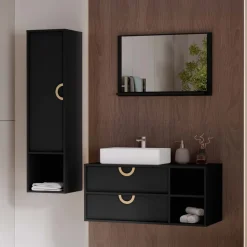 Mobile bagno sospeso 100 cm 2 cassetti con specchio e colonna nero Mirea