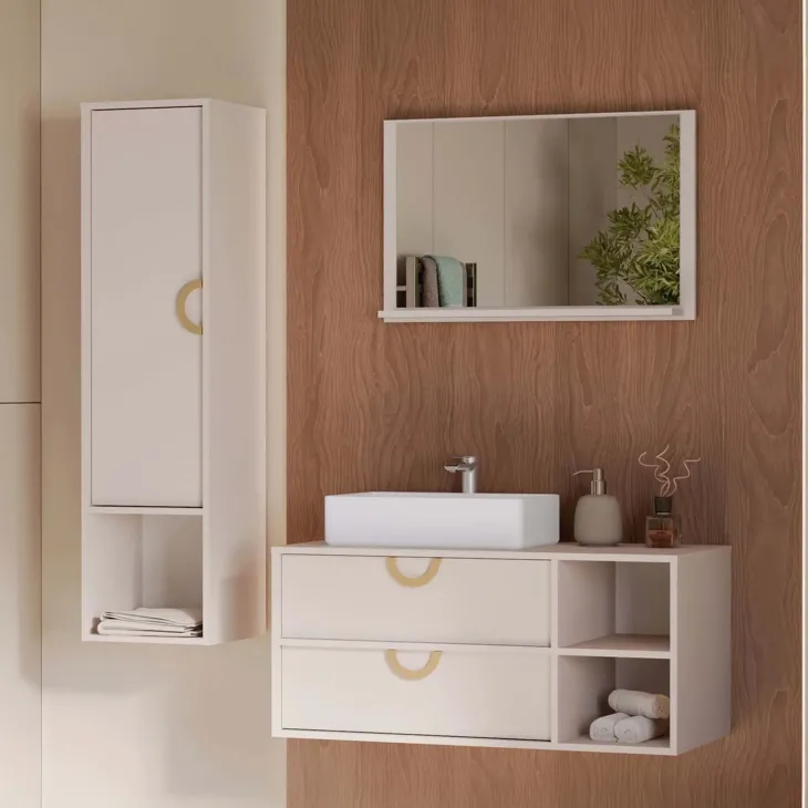 Mobile bagno sospeso 100 cm 2 cassetti con specchio e colonna beige cashmere Mirea