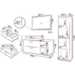 Mobile bagno sospeso 100 cm 2 cassetti con specchio e colonna rovere scuro Mirea