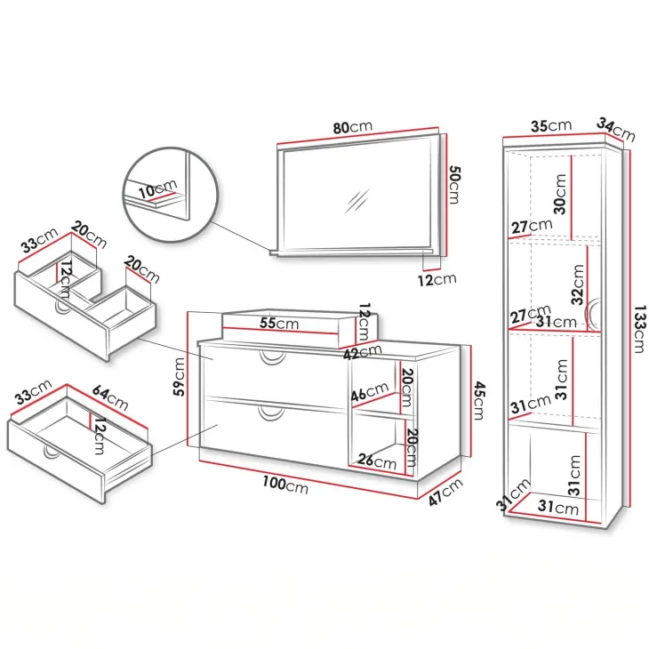Mobile bagno sospeso 100 cm 2 cassetti con specchio e colonna rovere scuro Mirea