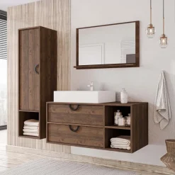 Mobile bagno sospeso 100 cm 2 cassetti con specchio e colonna rovere scuro Mirea