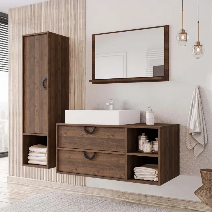 Mobile bagno sospeso 100 cm 2 cassetti con specchio e colonna rovere scuro Mirea
