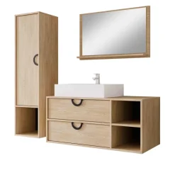 Mobile bagno sospeso 100 cm 2 cassetti con specchio e colonna rovere Mirea