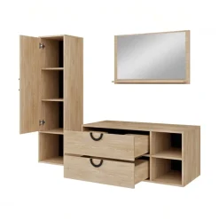 Mobile bagno sospeso 100 cm 2 cassetti con specchio e colonna rovere Mirea