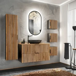 Mobile bagno sospeso 100cm cm con lavabo, specchio, colonna e cubotti quercia antracite Limpid