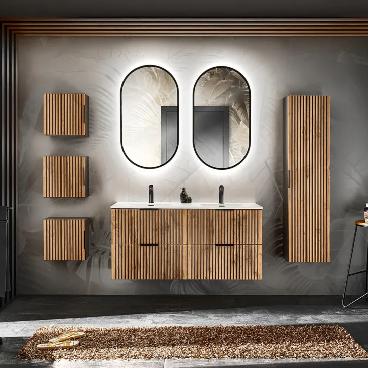 Mobile bagno sospeso 120cm cm con 2 lavabi da incasso, 2 specchi, colonna e cubotti quercia antracite Limpid