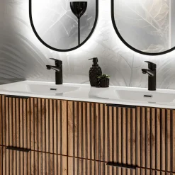 Mobile bagno sospeso 120cm cm con 2 lavabi da incasso, 2 specchi, colonna e cubotti quercia antracite Limpid