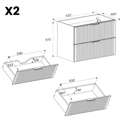 Mobile bagno sospeso 120cm cm con 2 lavabi da incasso, 2 specchi, colonna e cubotti quercia antracite Limpid