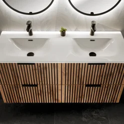 Mobile bagno sospeso 120cm cm con 2 lavabi da incasso, 2 specchi, colonna e cubotti quercia antracite Limpid