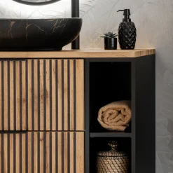 Mobile bagno sospeso 80cm cm con lavabo, specchio, colonna e cubotti quercia antracite Limpid