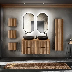 Mobile bagno sospeso 120cm cm con 2 lavabi da appoggio, 2 specchi, colonna e cubotti quercia antracite Limpid