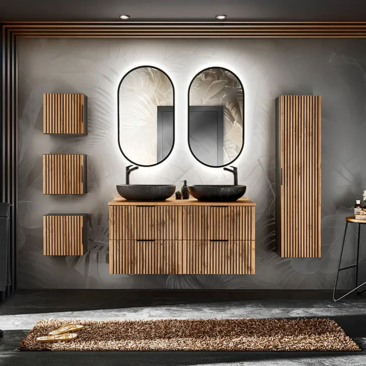 Mobile bagno sospeso 120cm cm con 2 lavabi da appoggio, 2 specchi, colonna e cubotti quercia antracite Limpid