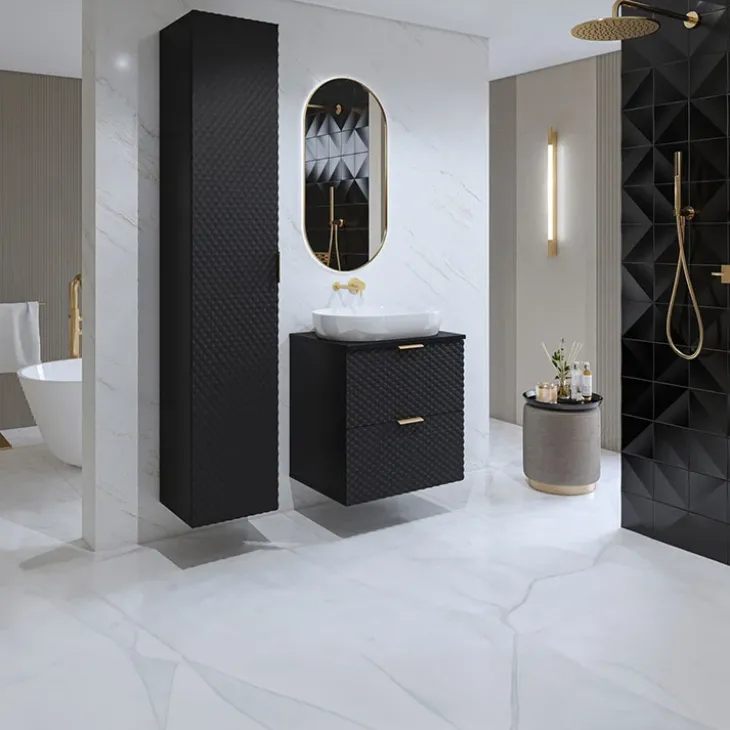 Mobile bagno sospeso 61cm con colonna nero frontali decorati Konny