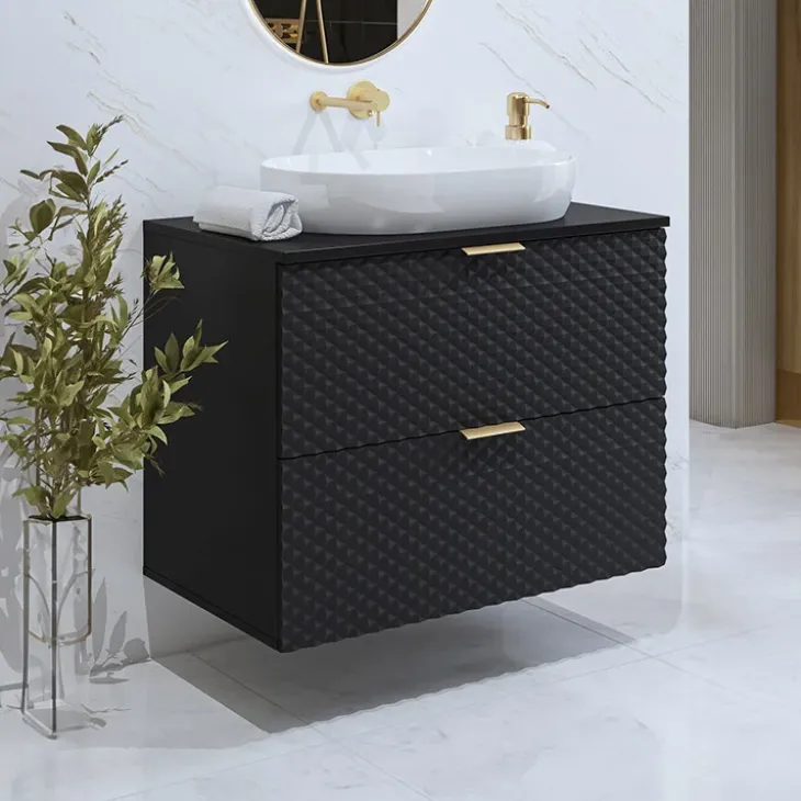 Mobile bagno sospeso 80cm con colonna nero frontali decorati Konny