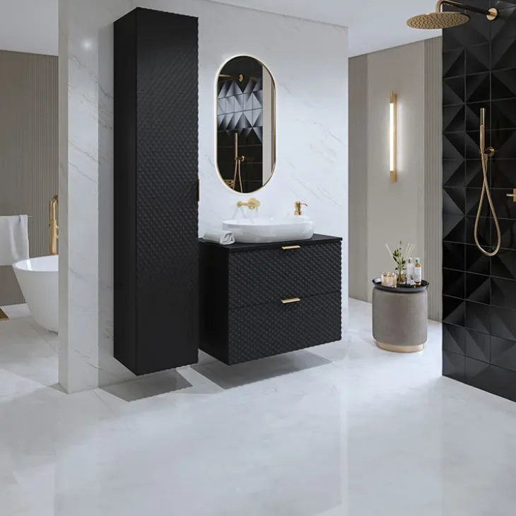 Mobile bagno sospeso 80cm con colonna nero frontali decorati Konny