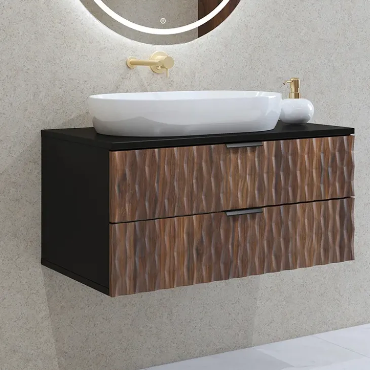 Mobile bagno sospeso 82cm con colonna e pensile nero frontali noce decorati Silvy