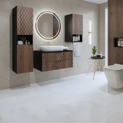 Mobile bagno sospeso 82cm con colonna e pensile nero frontali noce decorati Silvy