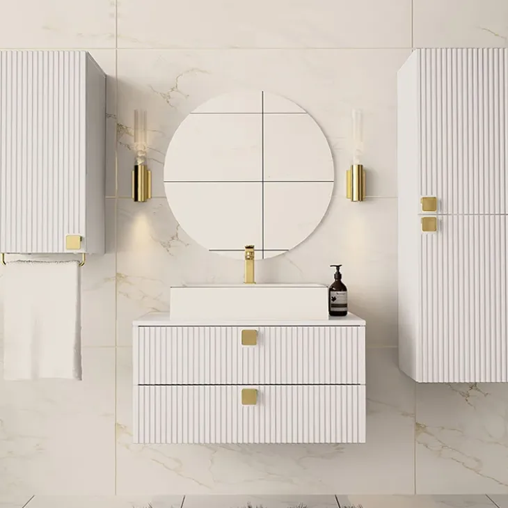 Mobile bagno sospeso 80cm con colonna e pensile maniglie oro bianco Bursa