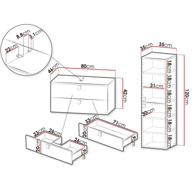 Mobile bagno sospeso 80cm con colonna 2 cassetti bianco Bursa 2