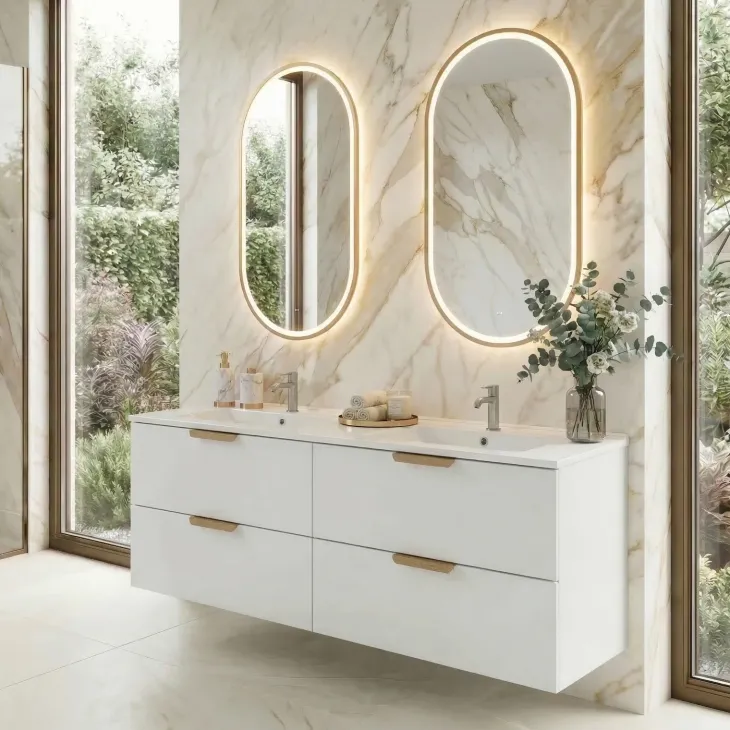 Mobile bagno sospeso 120cm con doppio lavabo 4 cassetti bianco Speranza